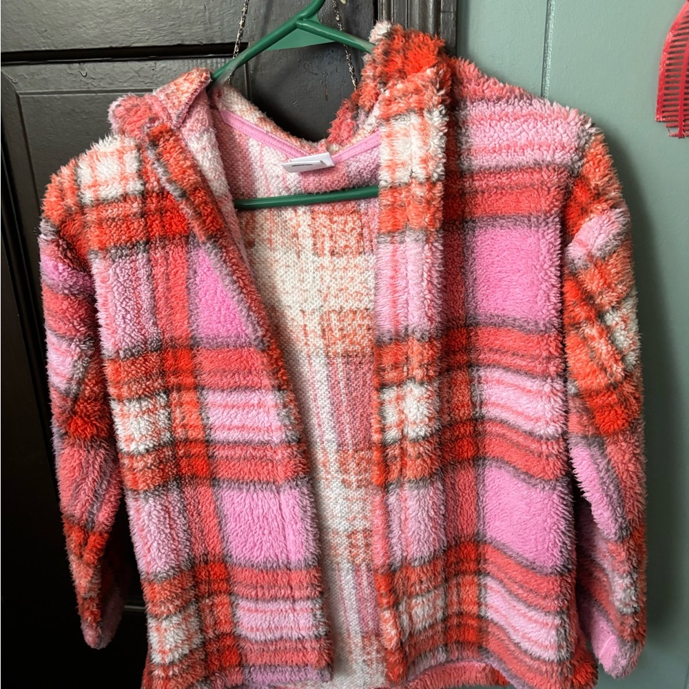 art class Plush Hooded Jacket in Pink & Red Plaid